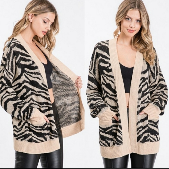 Idem ditto zebra stripe pocket cardigan black tan - Picture 5 of 6